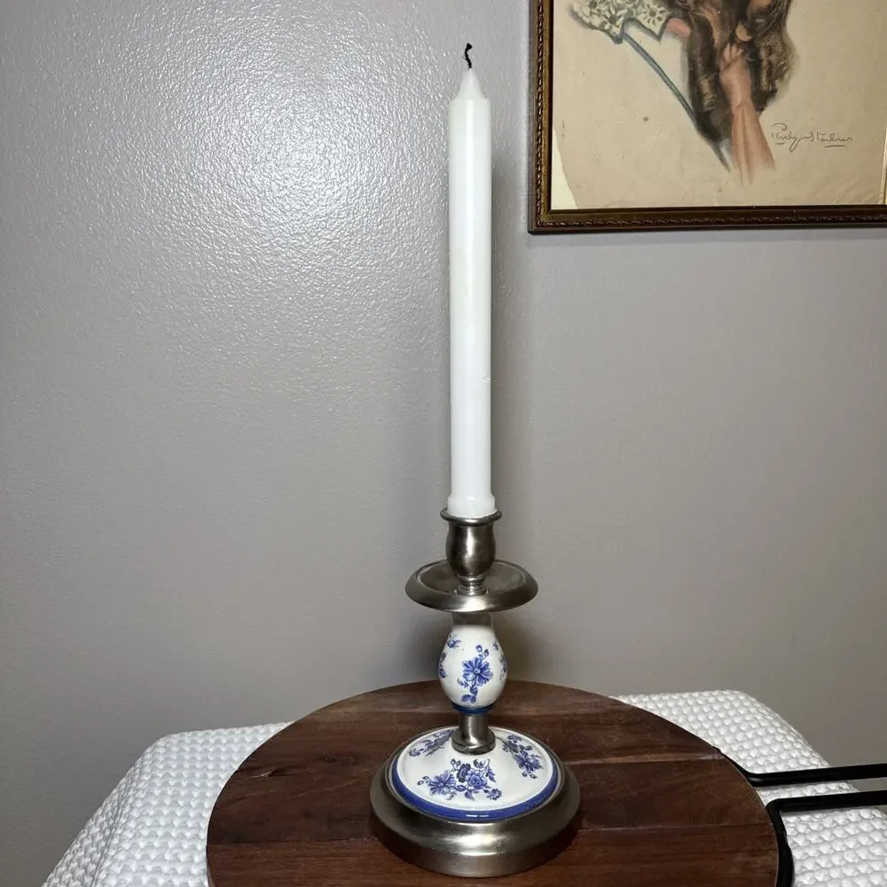 Vintage I.M. Schaffer Brooklyn Blue White Floral Ceramic Metal Candlestick MCM